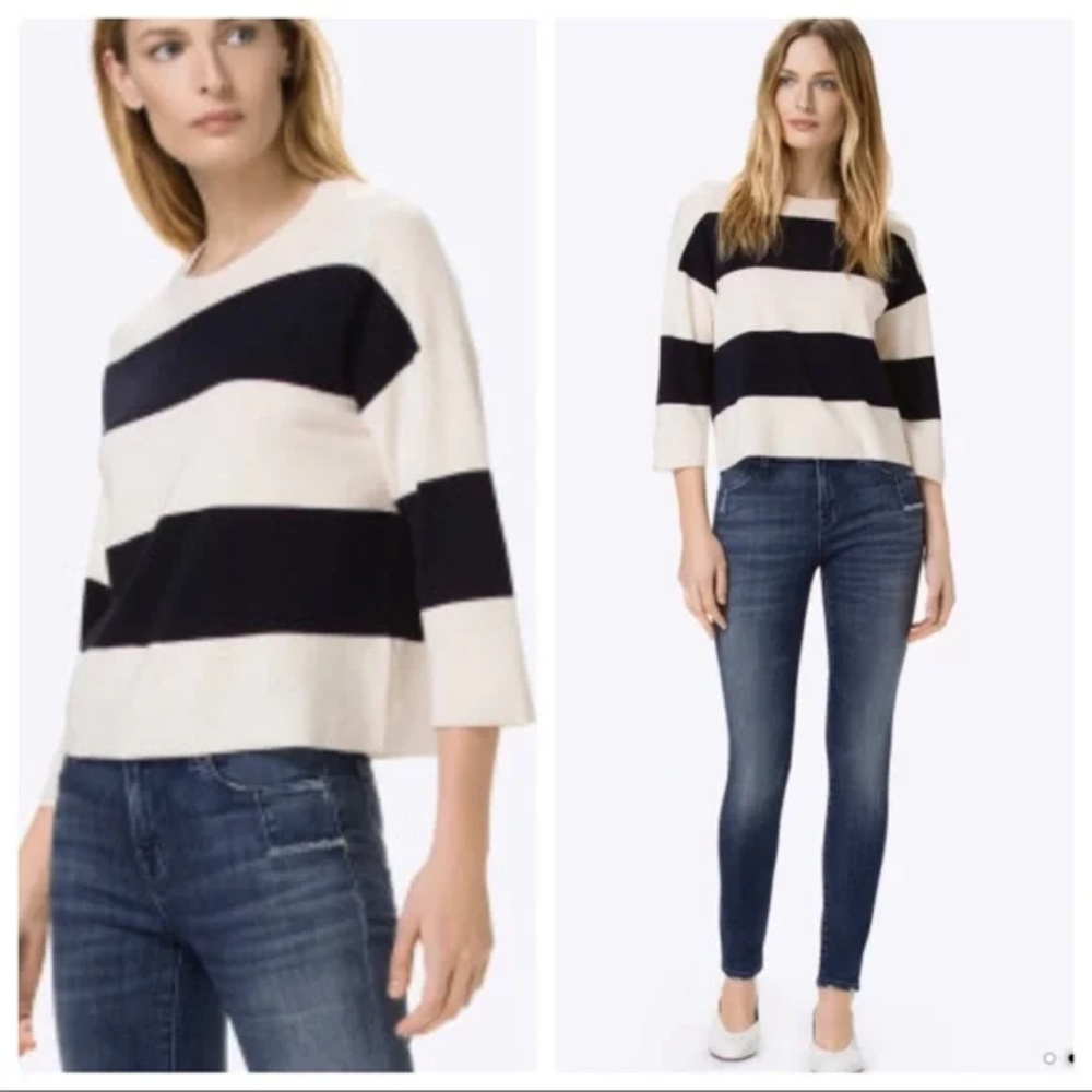 J Brand Estero Merino Wool Cropped Sweater in Navy/Cream Stripes NWOT